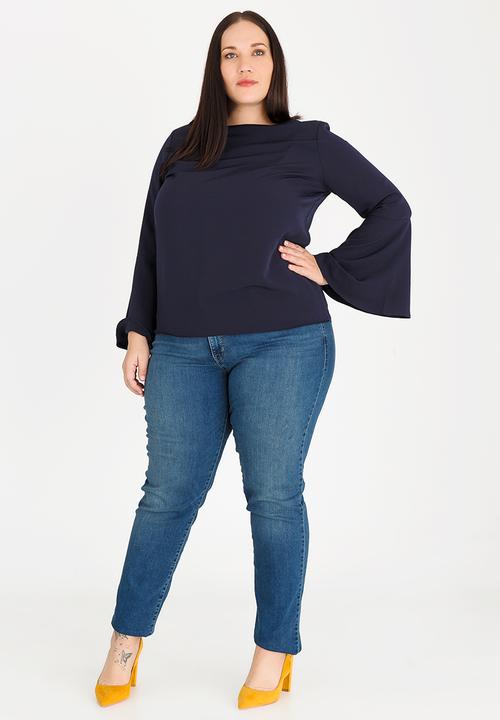 edit Plus - Loose Fit Bell Sleeve Blouse Navy