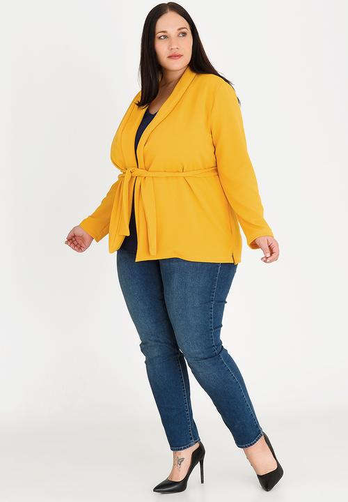edit Plus - Knit Front Tie Jacket Yellow