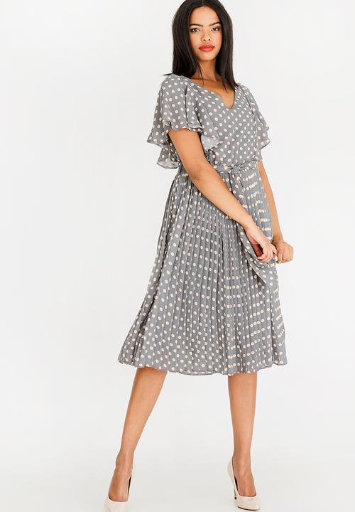 edit - Short sleeve polka dot pleated dress - grey 