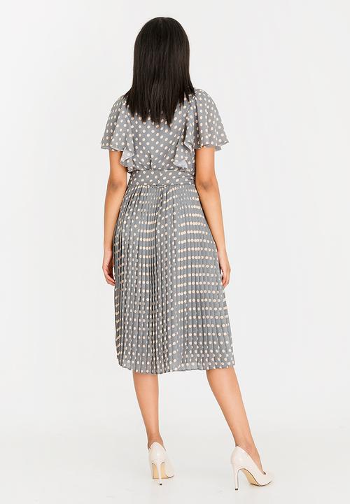 edit - Short sleeve polka dot pleated dress - grey 