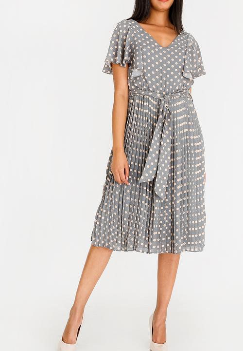 edit - Short sleeve polka dot pleated dress - grey 
