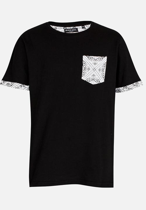 Brave Soul - T-shirt with Printed Contrast Pocket Black