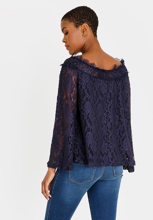 edit - Lace bell sleeve bardot blouse - navy 