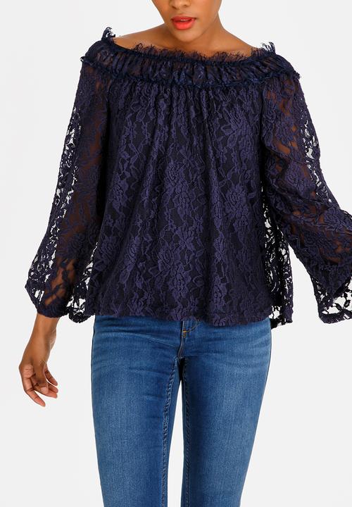 edit - Lace bell sleeve bardot blouse - navy 
