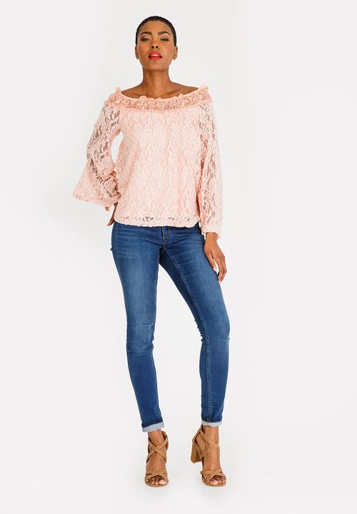edit - Lace bell sleeve bardot blouse - pink 