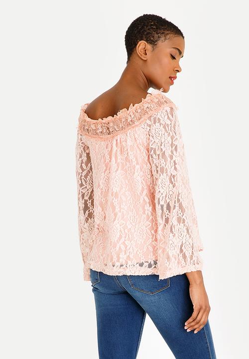 edit - Lace bell sleeve bardot blouse - pink 