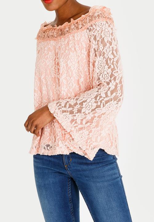 edit - Lace bell sleeve bardot blouse - pink 