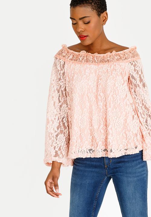 edit - Lace bell sleeve bardot blouse - pink 