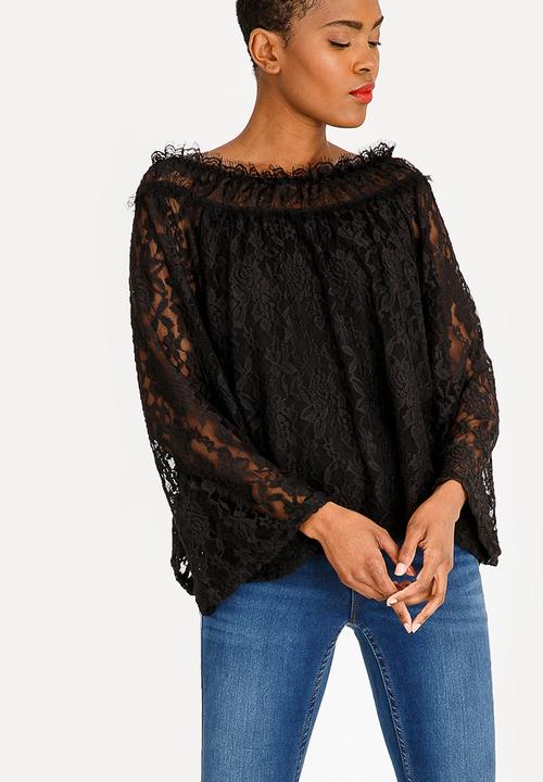 edit - Lace bell sleeve bardot blouse  - black 