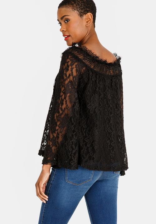 edit - Lace bell sleeve bardot blouse  - black 