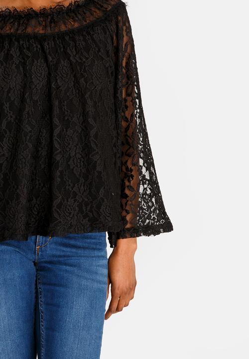 edit - Lace bell sleeve bardot blouse  - black 