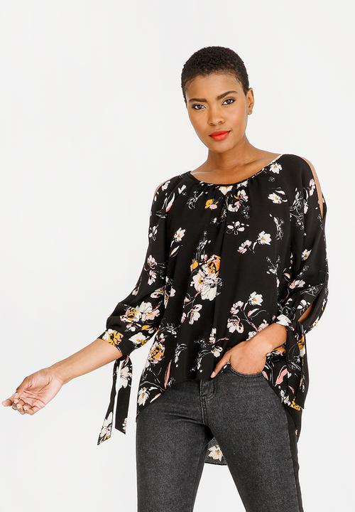 Revenge - Tie Sleeve Floral Top Black