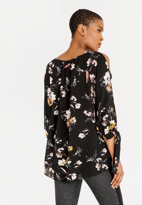 Revenge - Tie Sleeve Floral Top Black