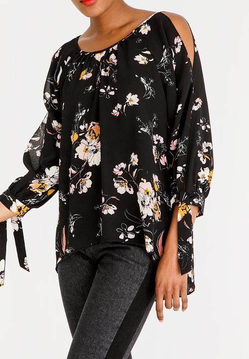 Revenge - Tie Sleeve Floral Top Black