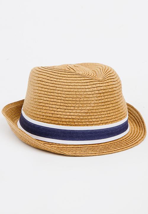 MINOTI - Straw Trilby Hat with Fabric Trim Camel/Tan