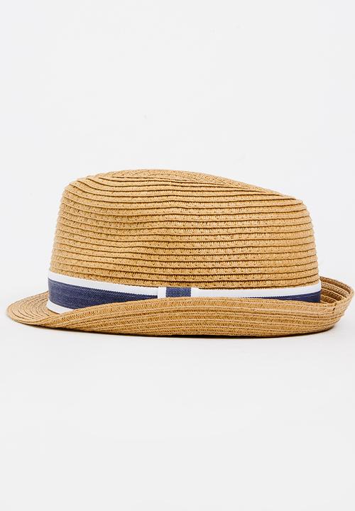 MINOTI - Straw Trilby Hat with Fabric Trim Camel/Tan