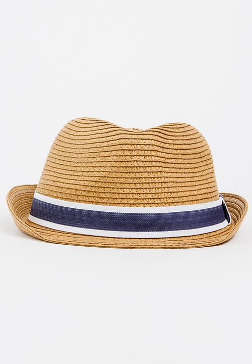 MINOTI - Straw Trilby Hat with Fabric Trim Camel/Tan
