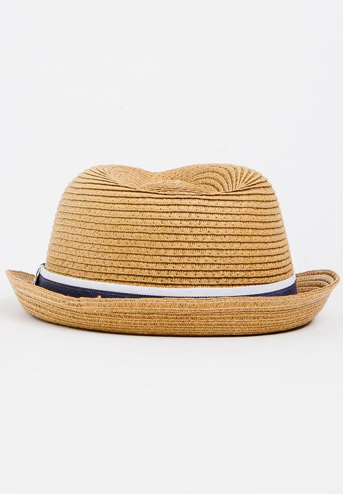 MINOTI - Straw Trilby Hat with Fabric Trim Camel/Tan