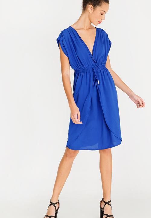 edit - Mock wrap dress with draw-cord - blue
