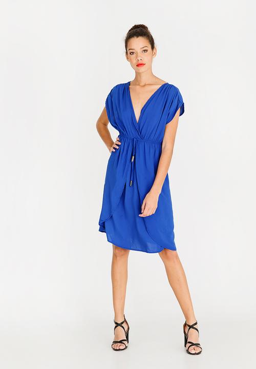 edit - Mock wrap dress with draw-cord - blue
