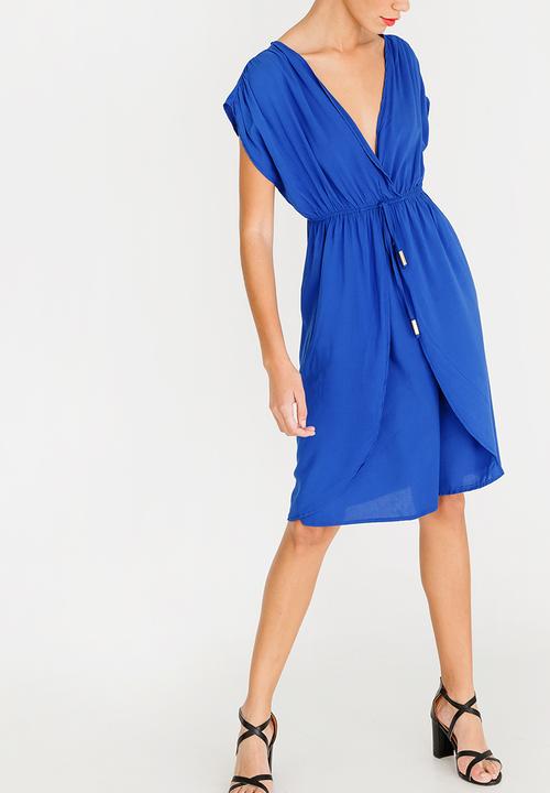 edit - Mock wrap dress with draw-cord - blue