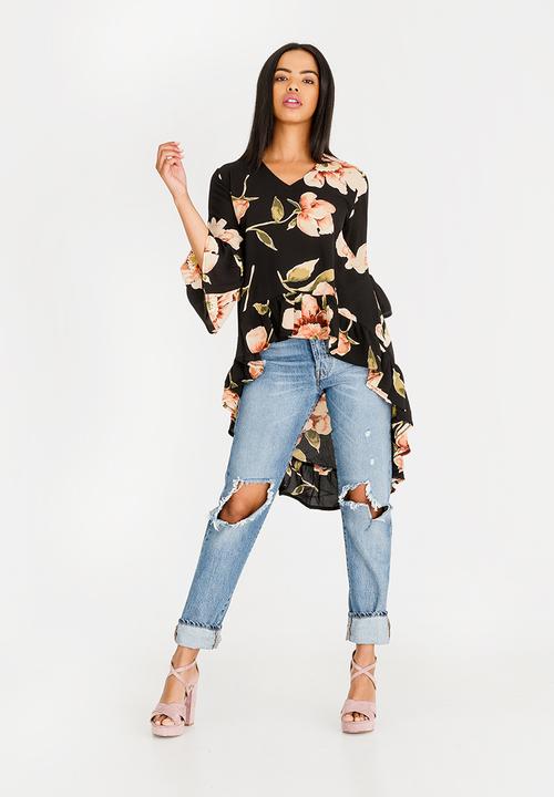 Revenge - V Neck High Low Floral Tunic Black