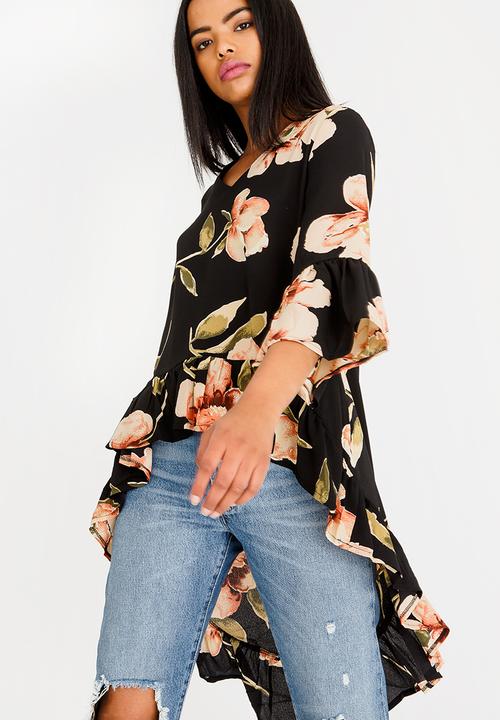 Revenge - V Neck High Low Floral Tunic Black