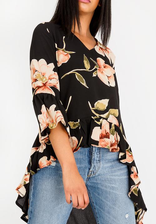 Revenge - V Neck High Low Floral Tunic Black