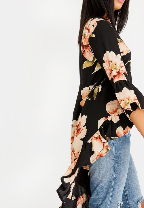 Revenge - V Neck High Low Floral Tunic Black