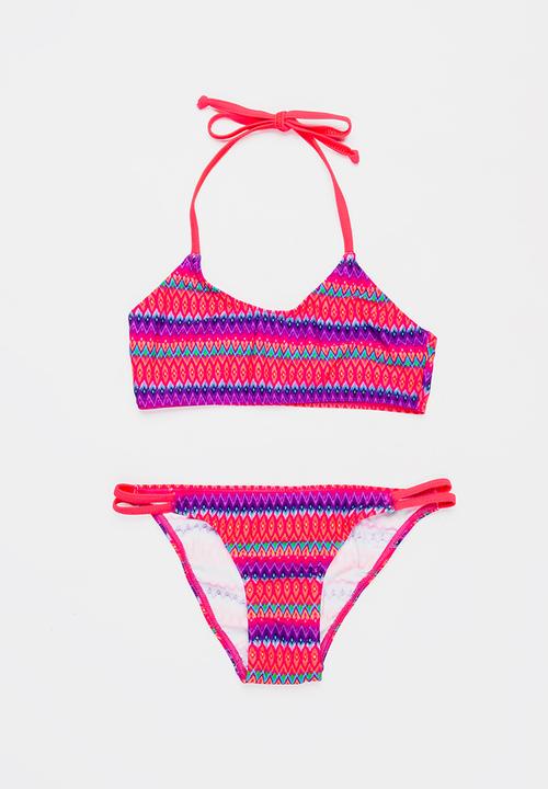 Sun Things - Neon Zig Zag Bralet & Strappy Bottom Set Dark Pink