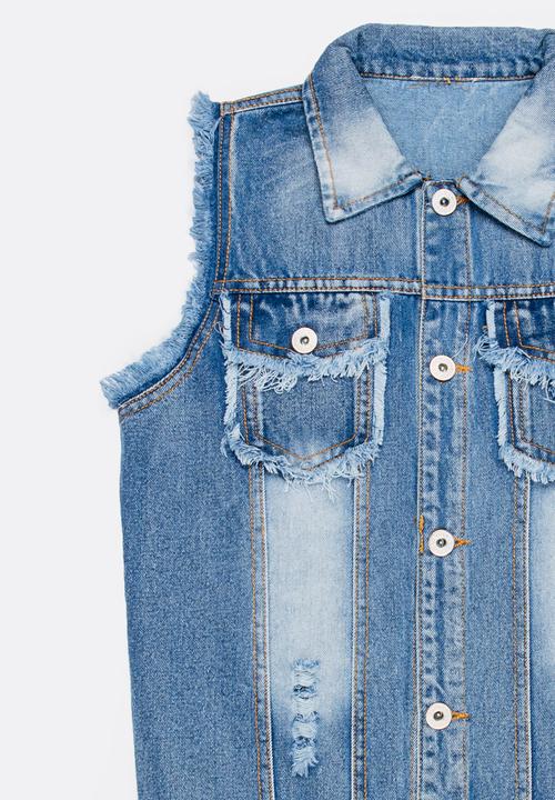 Pop Candy - Frayed sleeveless denim jacket - blue