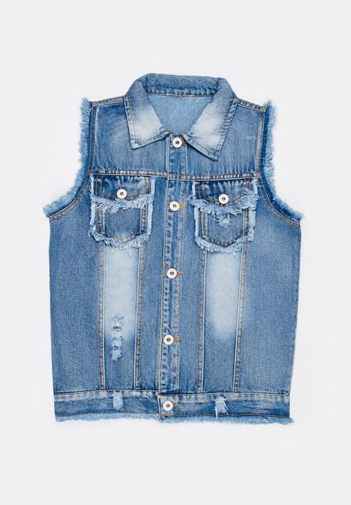 Pop Candy - Frayed sleeveless denim jacket - blue