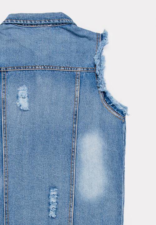 Pop Candy - Frayed sleeveless denim jacket - blue