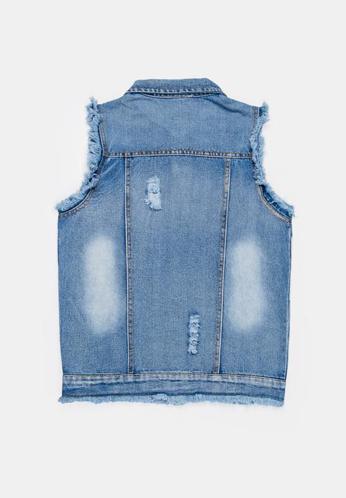 Pop Candy - Frayed sleeveless denim jacket - blue