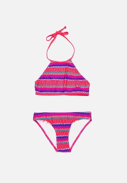 Sun Things - Neon Zig Zag Halter Top & Bottom Set Dark Pink