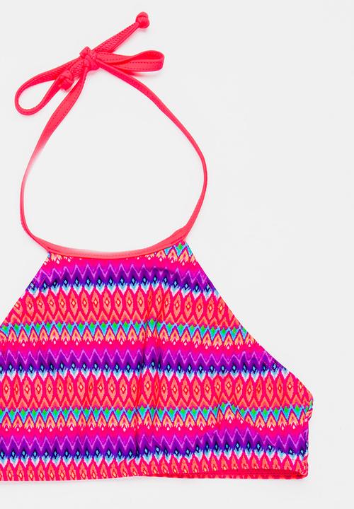 Sun Things - Neon Zig Zag Halter Top & Bottom Set Dark Pink
