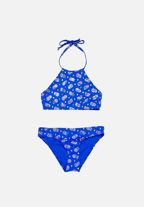 Sun Things - Foil Pinapple Halter Top & Bottom Set Blue