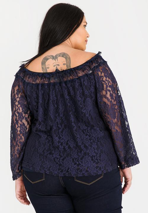 edit Plus - Lace Bardot Blouse - Navy