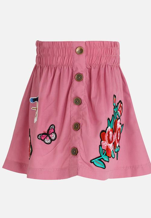 See-Saw - Button Through A-Line Skirt with Applique Mid Pink