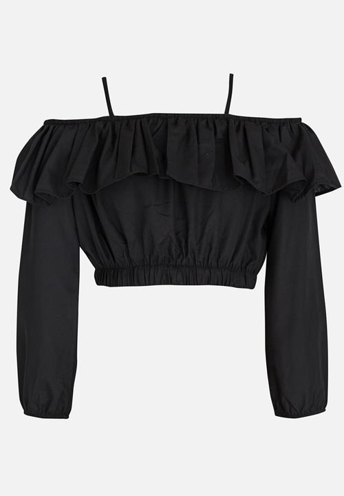 Rebel Republic - Bardot Flounce Cropped Blouse Black