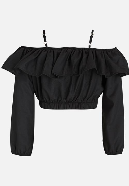 Rebel Republic - Bardot Flounce Cropped Blouse Black