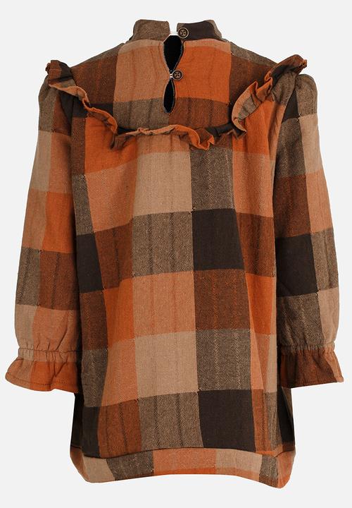 Pop Candy - Girls Printed  Check  Dress Brown