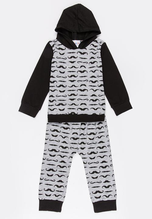 Pop Candy - Moustache printed hooded set  - grey & black 