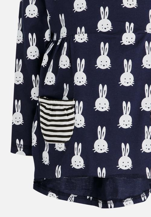 Pop Candy - Printed Long Sleeve Dress Navy & White