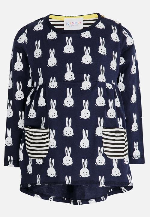 Pop Candy - Printed Long Sleeve Dress Navy & White