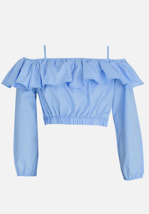 Rebel Republic - Bardot Flounce Cropped Blouse Blue
