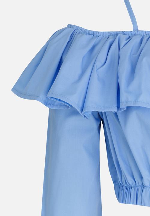 Rebel Republic - Bardot Flounce Cropped Blouse Blue