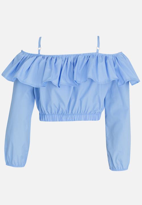 Rebel Republic - Bardot Flounce Cropped Blouse Blue