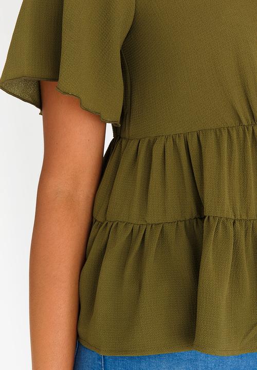 edit - Tiered Frilly Blouse Khaki Green