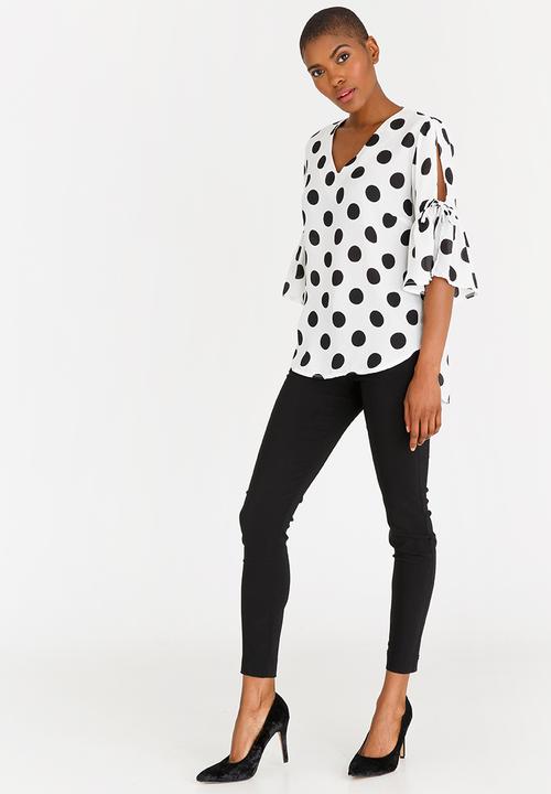edit - Flutter Sleeve Blouse with Ties Black and White